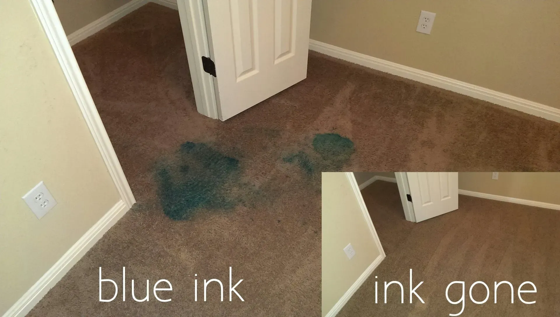 Before and after: blue ink spill removed from carpet