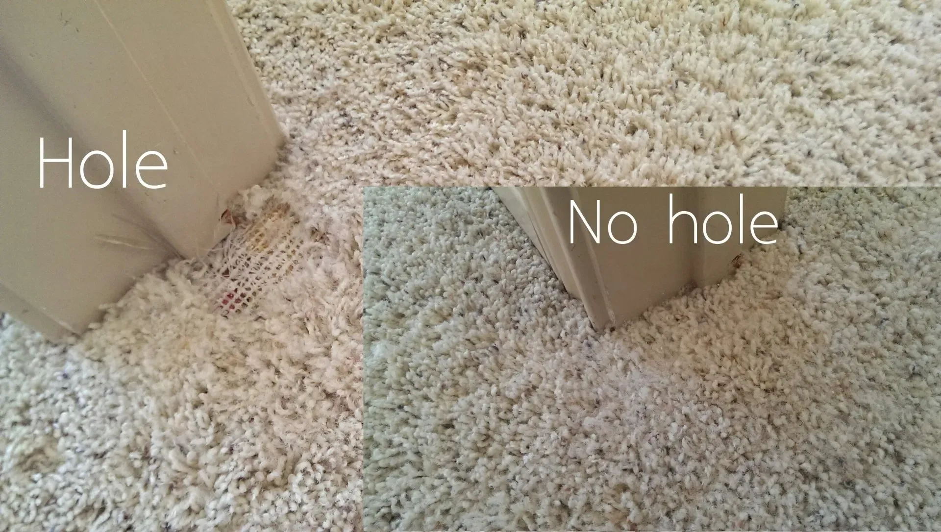 Before and after: a hole in the carpet patched