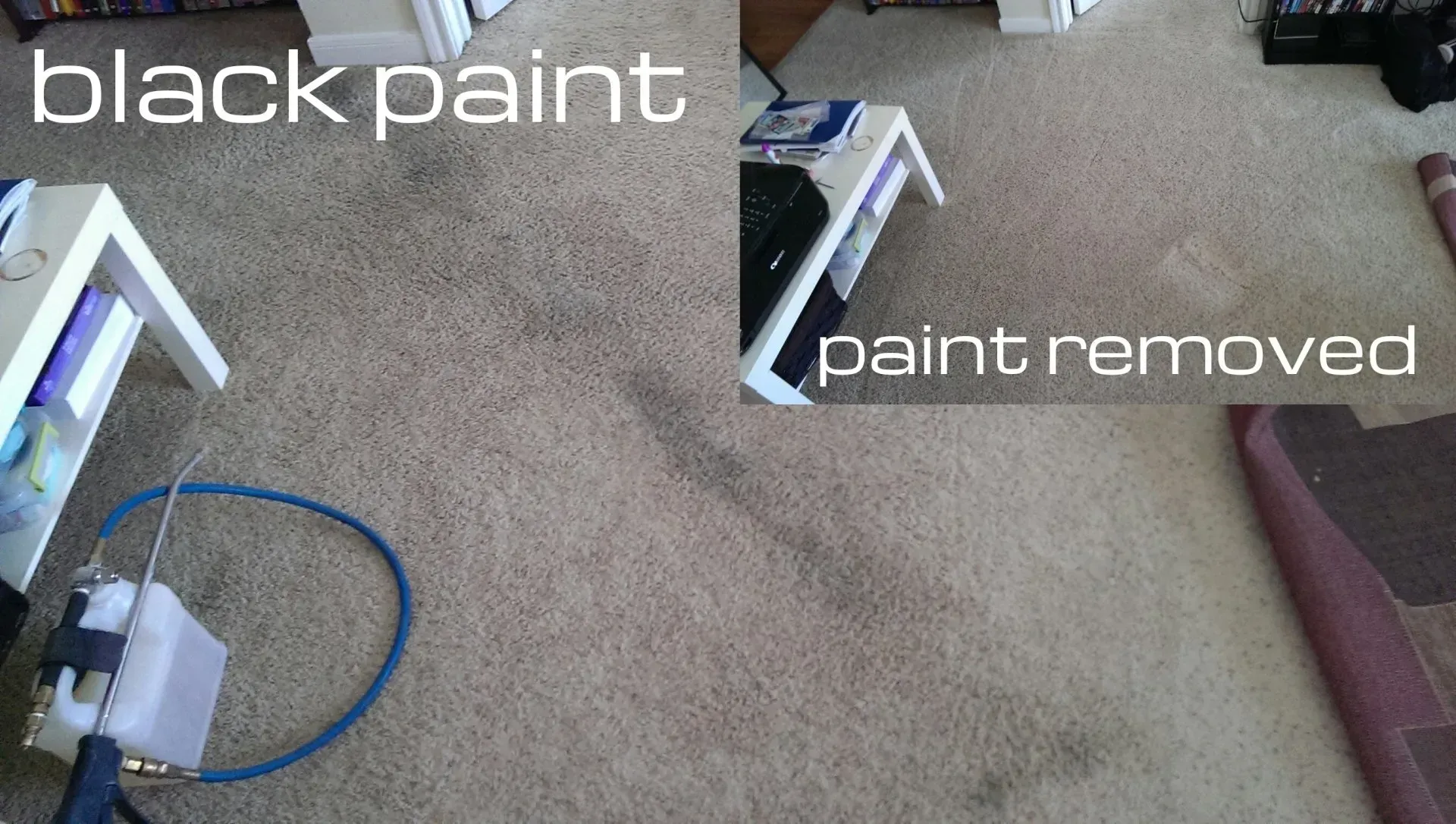 Before and after: black paint removed from carpet