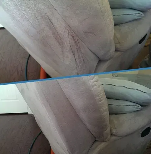 Upholstered cushion half cleaned, showing the difference